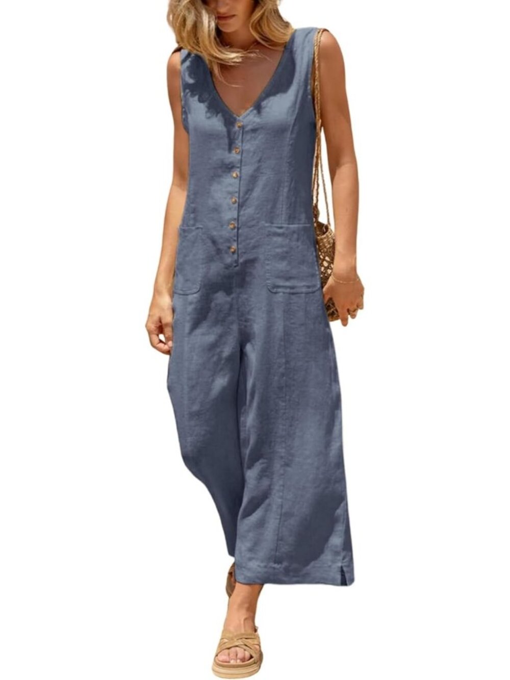 Women's Blue Grey Cotton Linen Sleeveless Casual Wide Leg Button Down Romper